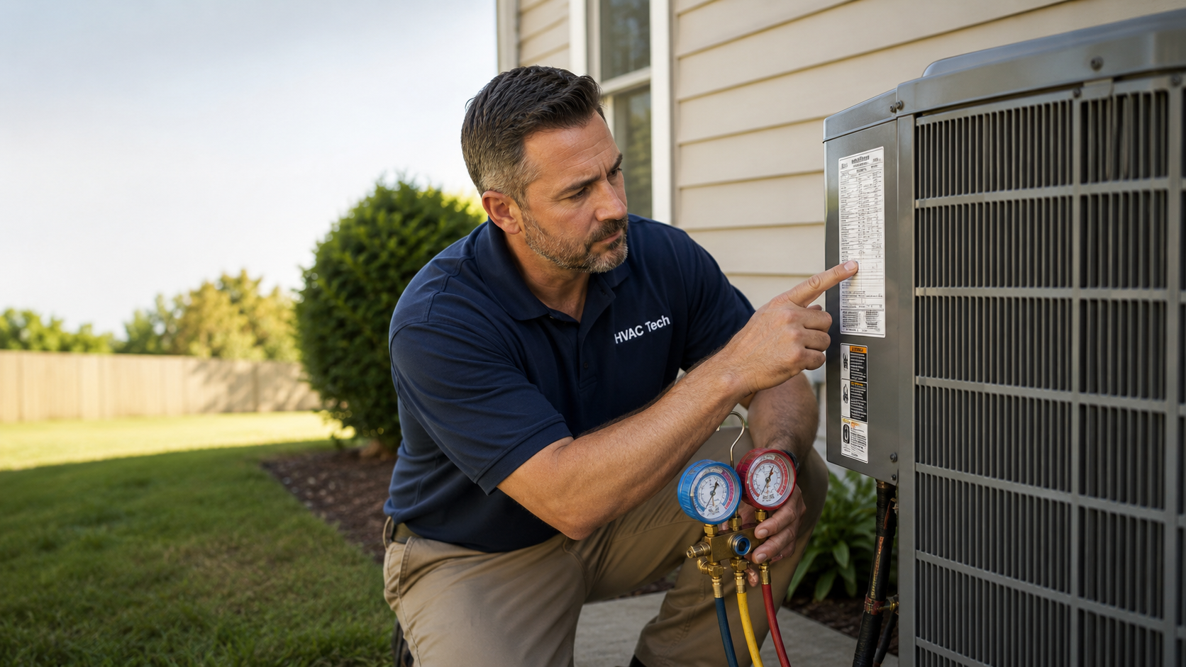 HVAC technician examining AC unit specifications with pressure gauges